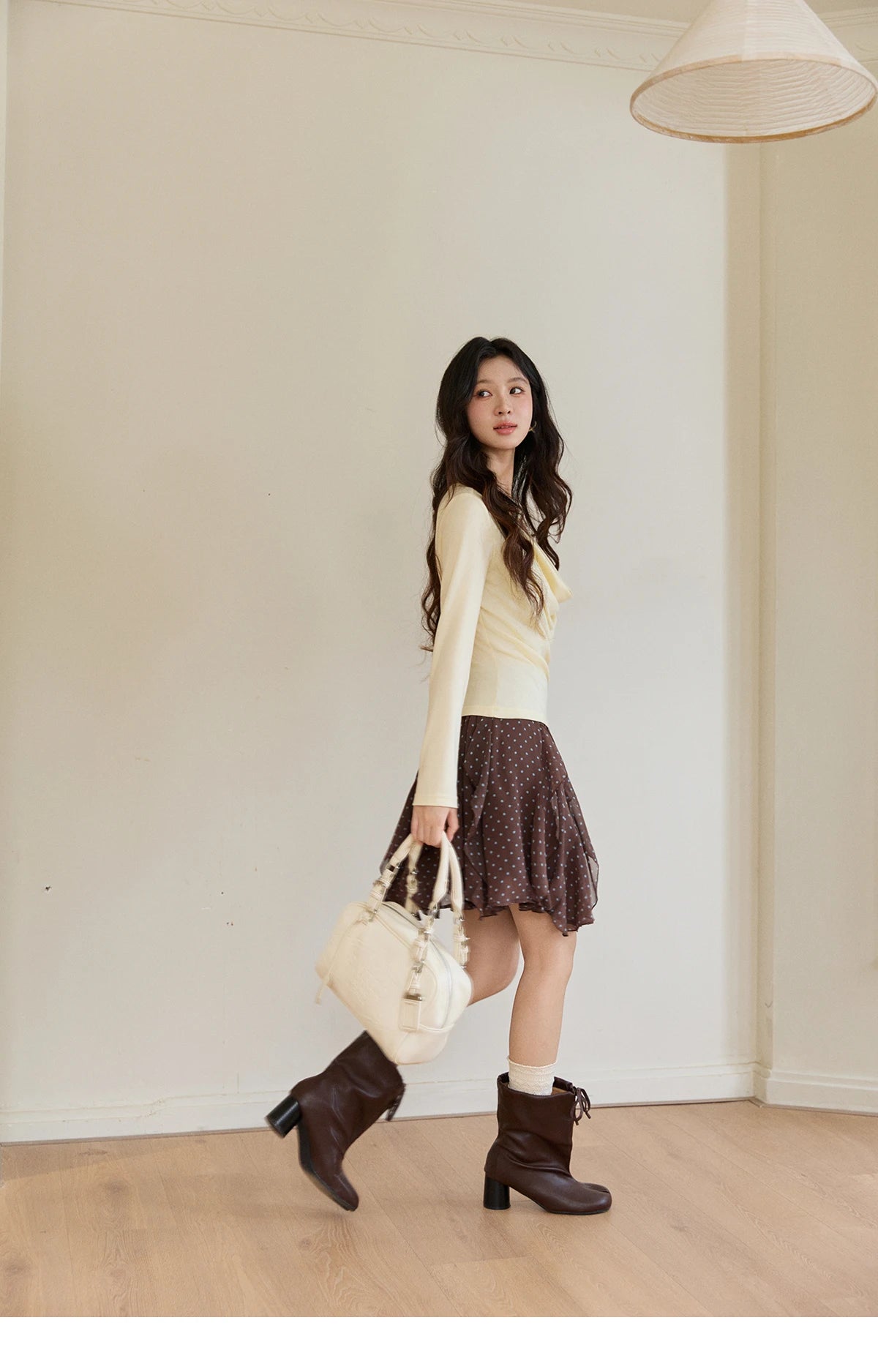 MISHOW Women's Wool Blend Fake Two Piece Draped Neck Knit Top 2026 Spring Wave Point Ribbon Contrast Color Casual Top MXF13Z2977