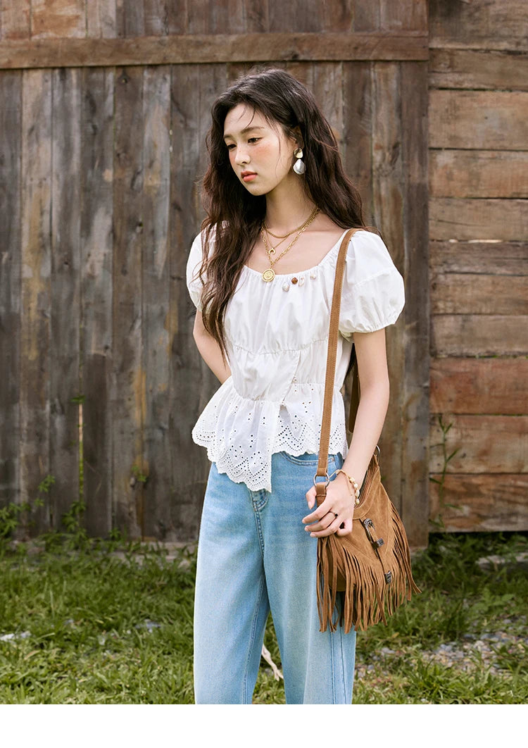MISHOW French Summer Casual Blouses 2025 Solid Short Puff Sleeve Hem Hollow Cotton Tops Loose Collar Beading Blouse MXE33X1776