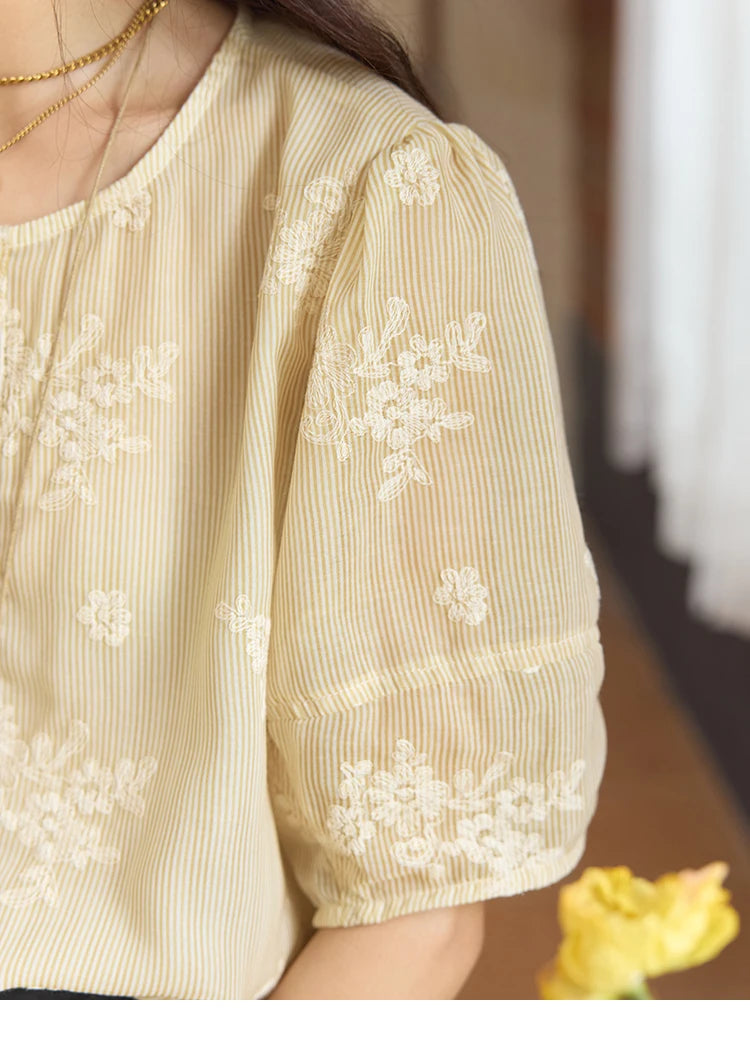 MISHOW French Retro Embroidered Floral Blouse for Women Summer 2025 Round Neck Single Breasted Top Puff Sleeve Blouse MXE36X1874