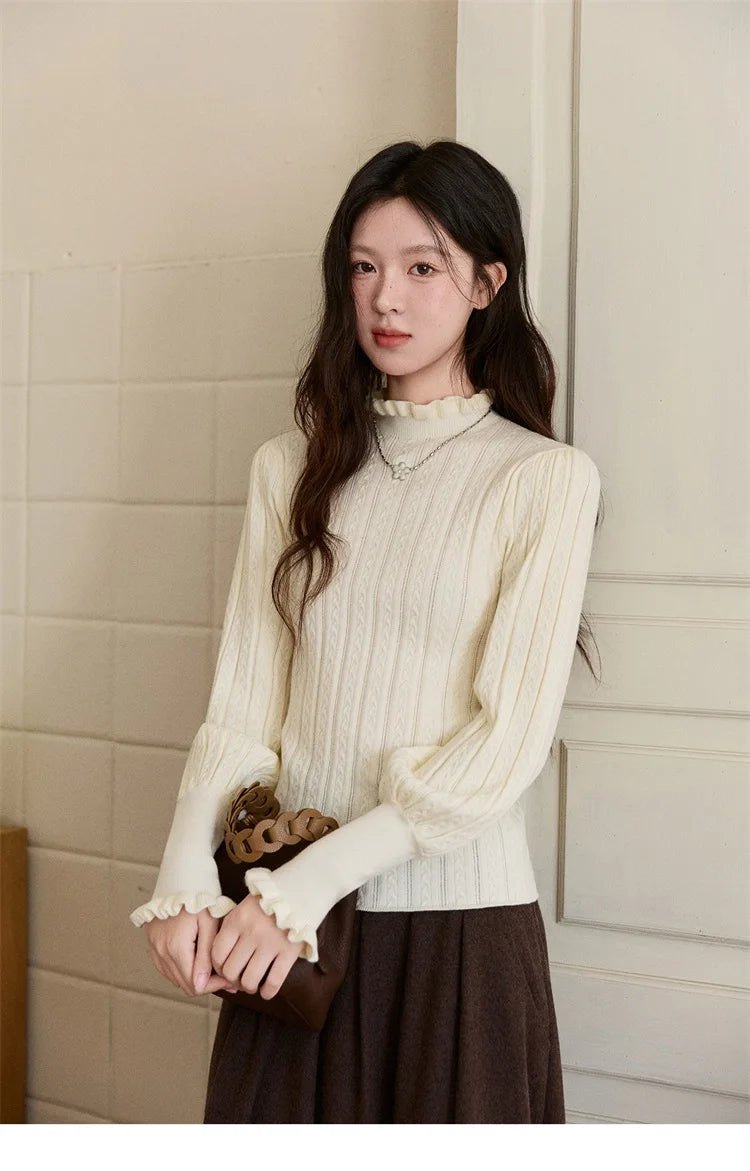 MISHOW Women's Half Turtleneck Ruffle Trim Lantern Sleeve Bottoming Tops 2025 Winter Vertical Rib Slim Knitted Top MXE93Z2810