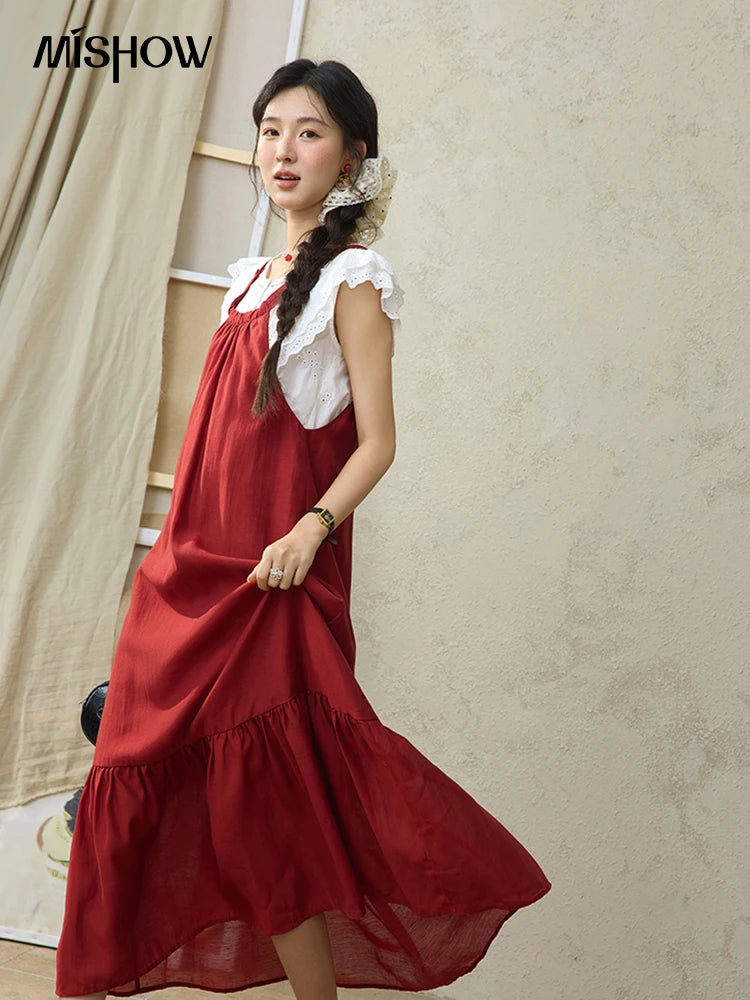 MISHOW Red Linen Strap Midi Dress Summer Sleeveless Casual Vacation Dress Hanging Neck Loose A-LINE Dress (Not A Set) MXE36L2309