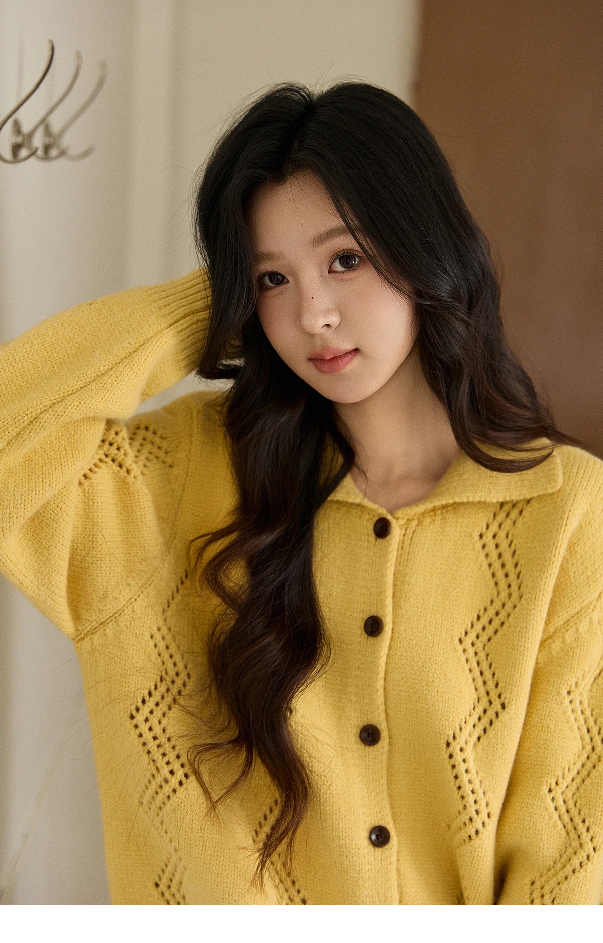 MISHOW Women's Hollow Pattern Knitted Cardigan 2025 Winter Yellow Lapel Single Breasted Sweater Loose Pullover Tops MXE94Z2961