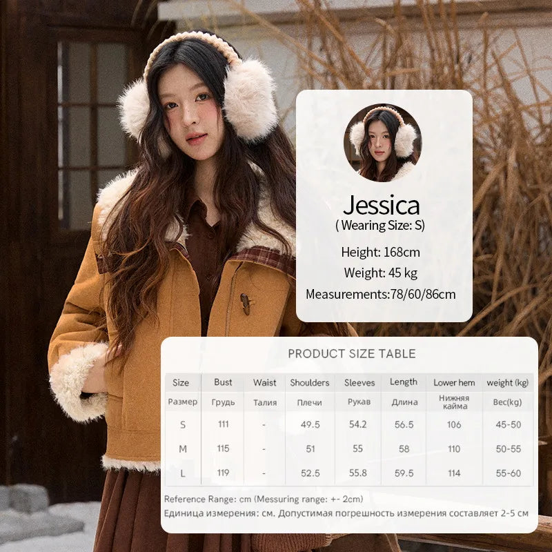 MISHOW Women's Camel Shearling Jacket 2025 Winter Faux Fur Collar Coats Splicing Plaid Horn Button Warm Outerwear MXE91W1002