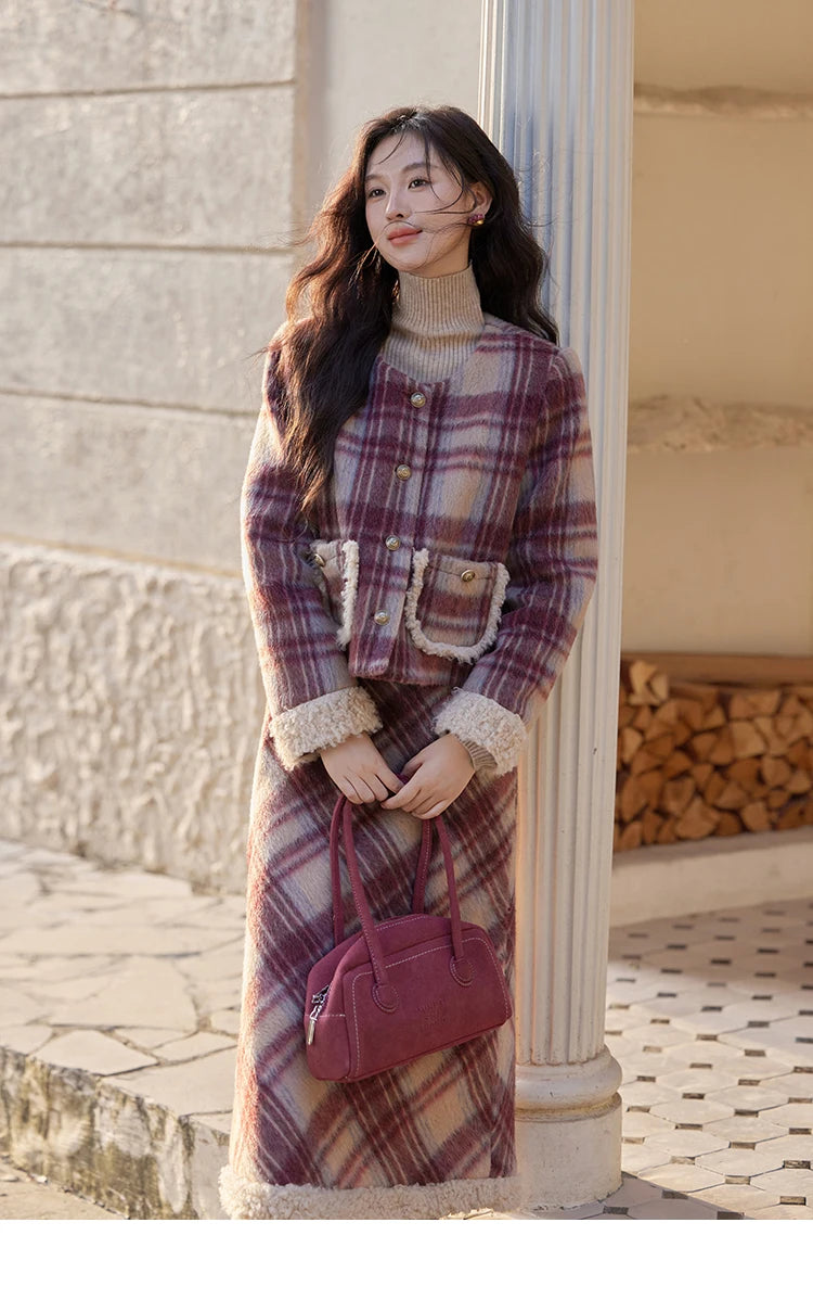 MISHOW Plaid Tweed Jacket Midi Skirt Separately Women 2024 Winter Korean Gentle Thick O-Neck Jacket Straight Skirt MXD54W0562