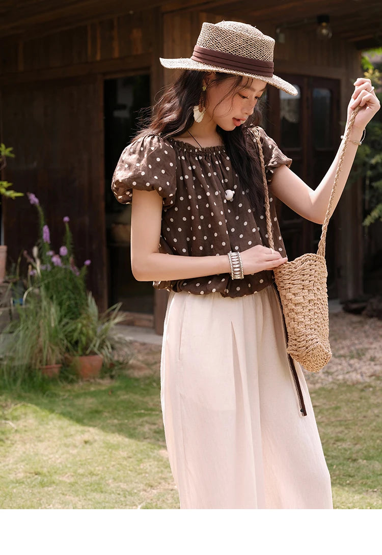 MISHOW Women's Two-Piece Set Fashion Polka Dot One Shoulder Puff Sleeve Blouse Summer 2025 Casual Wide Leg Pants Set MXE38T0683