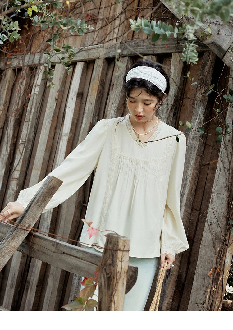 MISHOW Women's Lyocell Blouse 2025 Spring Summer Lace V-neck Commuting Top Puff Sleeve Solid Loose Blouse Office Lady MXE15X1735