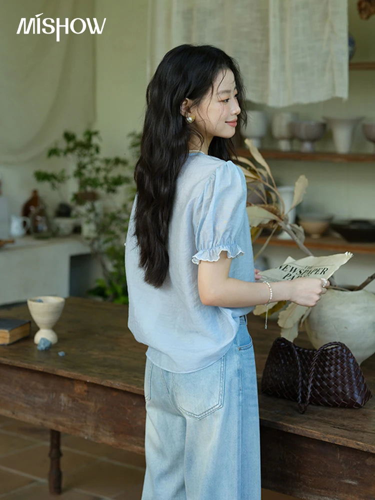 MISHOW Women's Coral Embroidery Summer Blouse 2025 New Fashion V-neck Puff Sleeve Blouse Casual Women's Clothing MXE37X1850