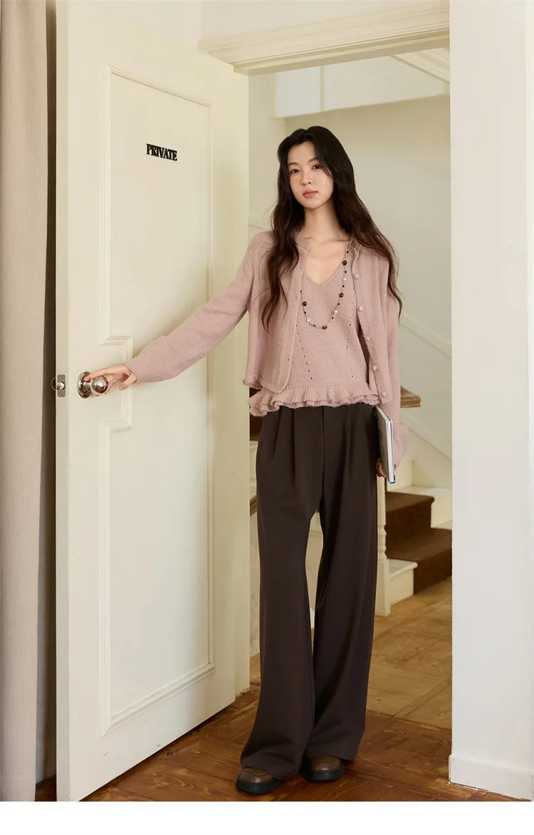 MISHOW Knit Cardigan for Women 2025 Autumn Elegant Pink Crew Neck Cardigan Loose Suspenders Two-piece Suit for Women MXE48T1404