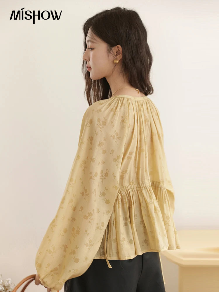 MISHOW Elegant Woman Shirt 2025 Autumn Yellow Printing Lantern Sleeves Shirt Commute Drawstring Waist Lace Trim Top MXE45X2499