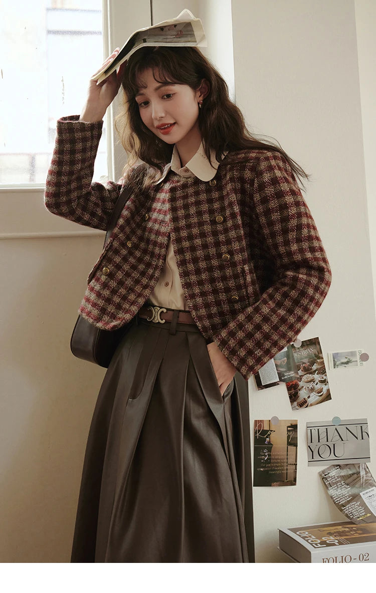 MISHOW Women's Vintage Plaid Coat 2024 Autumn French Single Breasted Crew Neck Crop Woolen Tops Office Lady Outerwear MXC48W0175