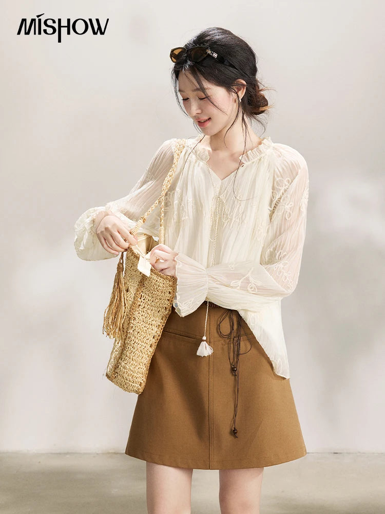 MISHOW Women's Tassel Tie Flower Embroidered Blouse 2026 Spring V-Neck Lantern Sleeves Top Casual Loose Sheer Blouses MXF13X2525