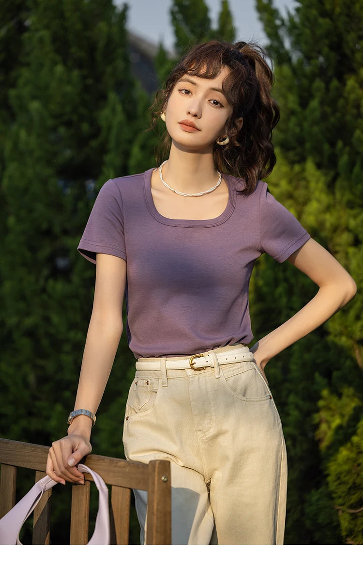 MISHOW Short Sleeve T-shirts Women Spring Solid Square-neck Top Elegant Woman Clothes Office Lady Cotton Tees MXC12T0641