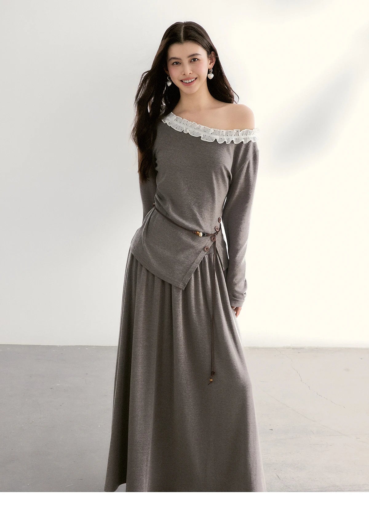 MISHOW Women's Grey Irregular Top Elastic Waist Skirt Two-Piece Set Spring Off-Shoulder Lace Trim Top Maxi Skirt Set MXF13T1479