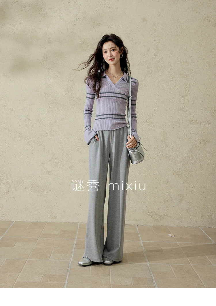 MISHOW Striped Knitted Tops for Women Spring 2025 Contrast Color Striped Slim V-neck Trumpet Sleeves Commuter Outfit MXE13Z1141