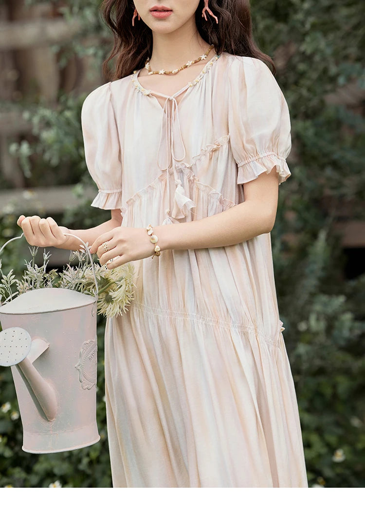 MISHOW French Summer Dress Women 2025 New V-neck Short Puff Sleeve Hollow Gradient Dresses Female Fashion Slimming MXE31L2166