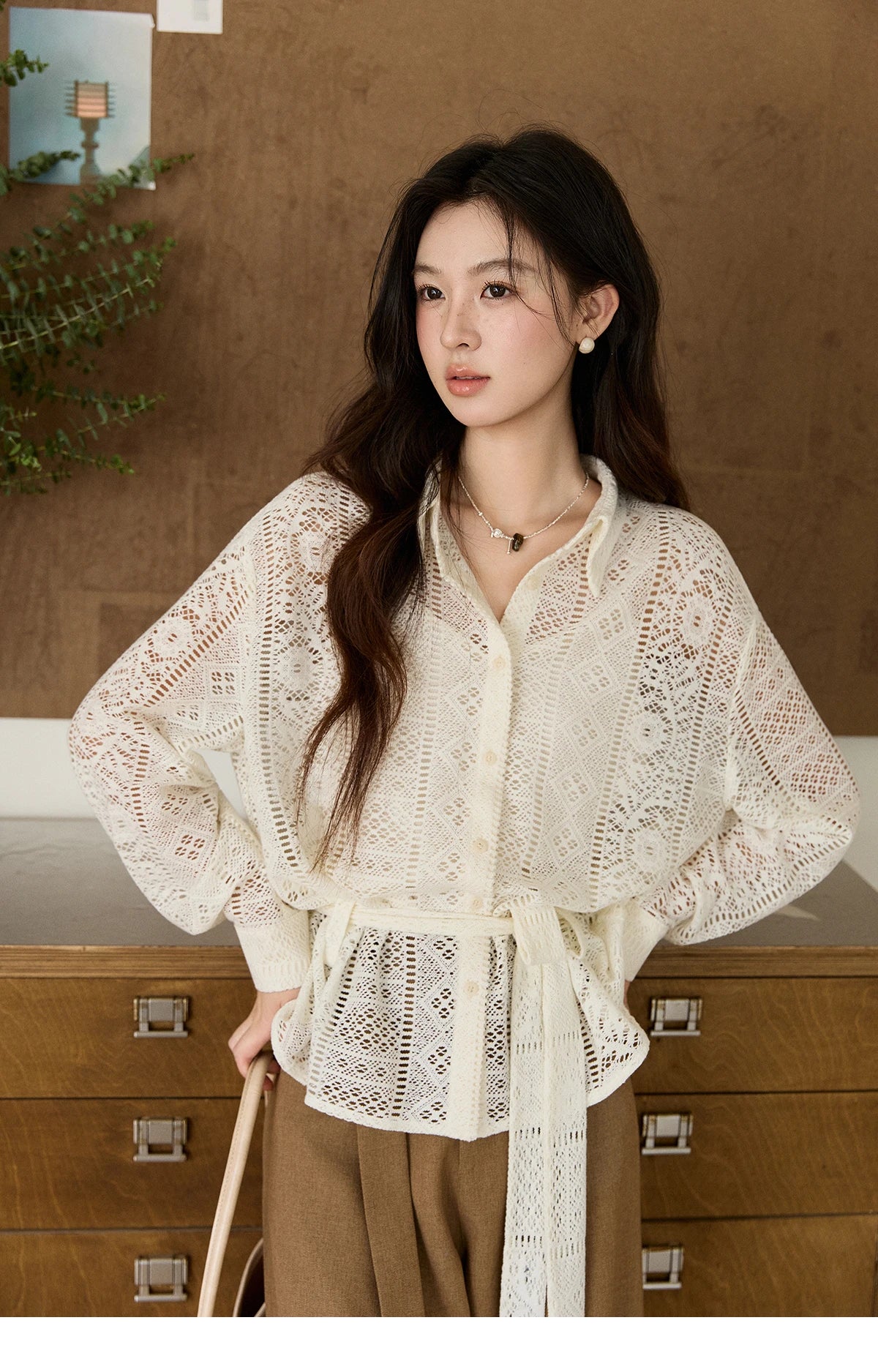 MISHOW Women's Hollow-out Lace Shirt Camisole Set 2026 Spring Lapel Drawstring Waist Sheer Casual Two-Piece Knitwear MXF108C0816