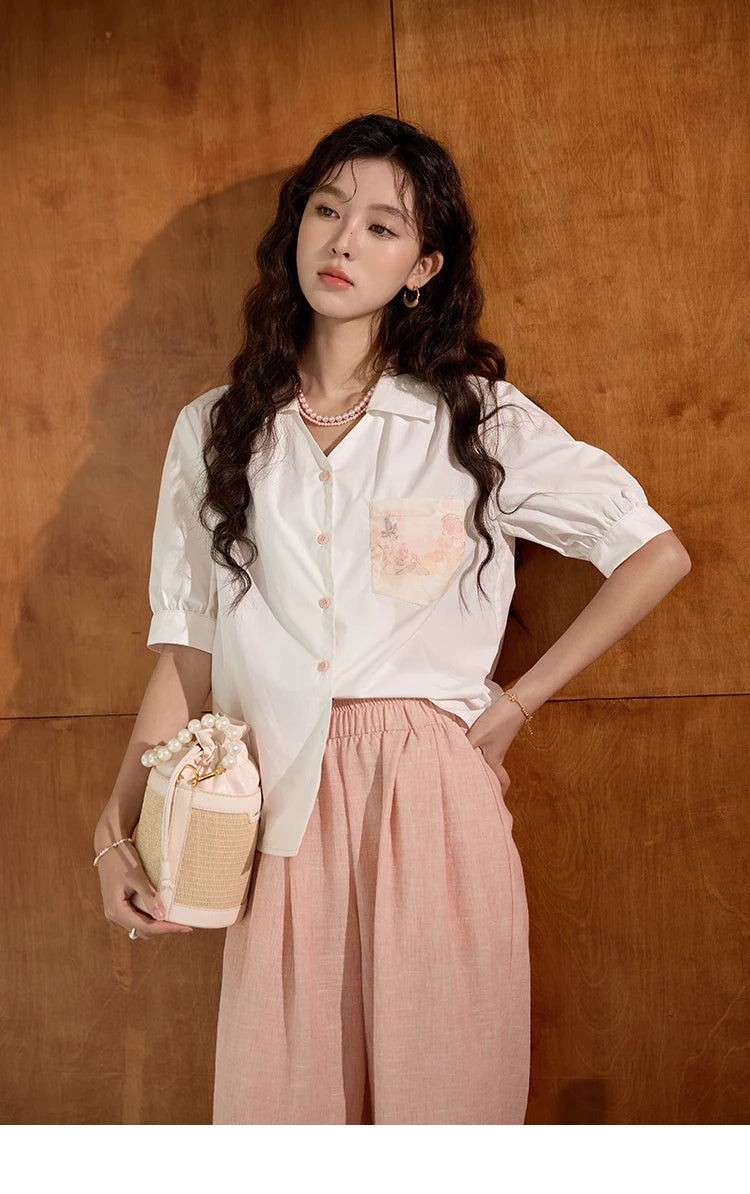 MISHOW Women's 100 Cotton Short Sleeved Shirt Loose 2025 Summer Embroidered Pocket Top Polo Neck Puff Sleeve Shirts MXD26C0243