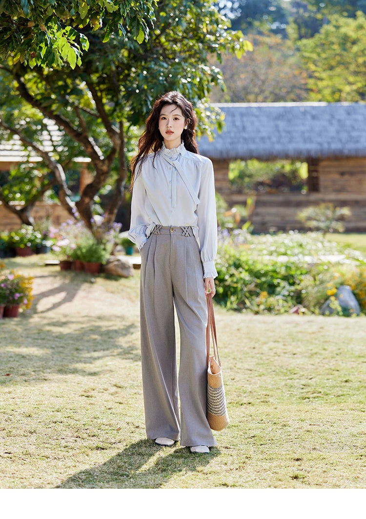 MISHOW French Ribbon Stringy Selvedge Neck Shirt for Women Spring 2025 Slim 100 Lyocell Shirts Solid Commuter Tops MXE13C0383