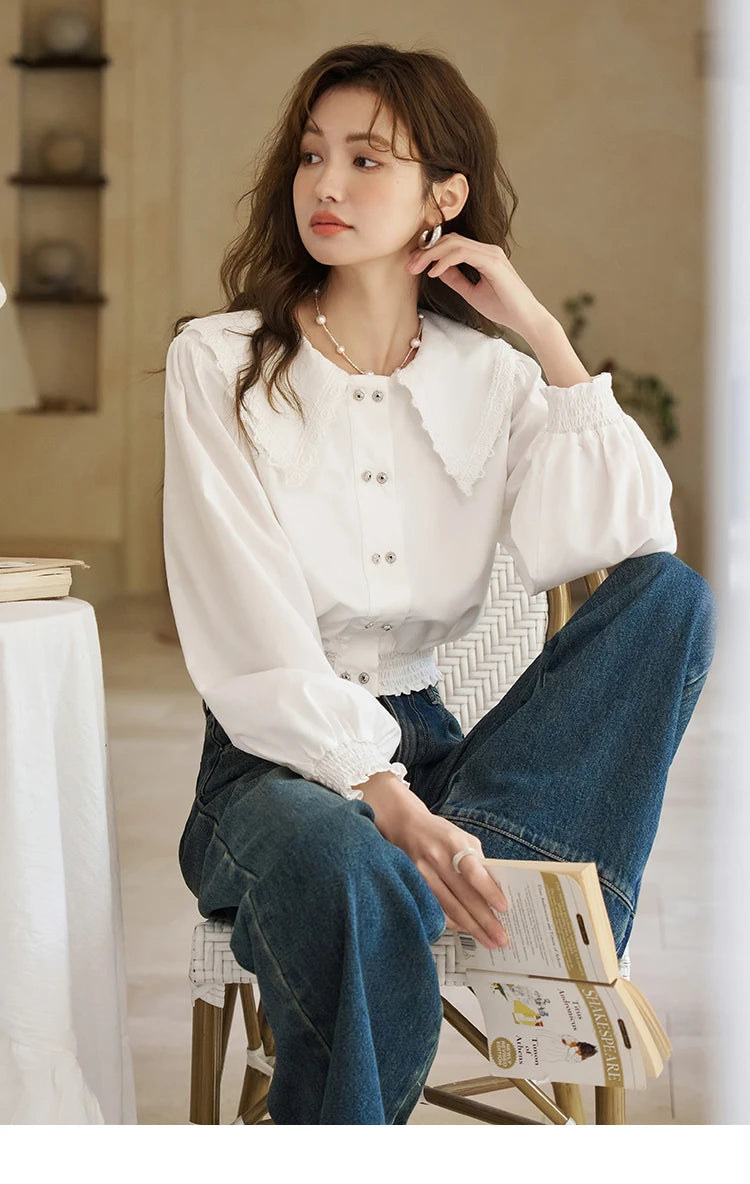 MISHOW Korean Doll Neck Shirt 2024 Spring Lace Patchwork Bubble Sleeve Elastic Hem Double Breasted Solid Short Tops MXD12C0164