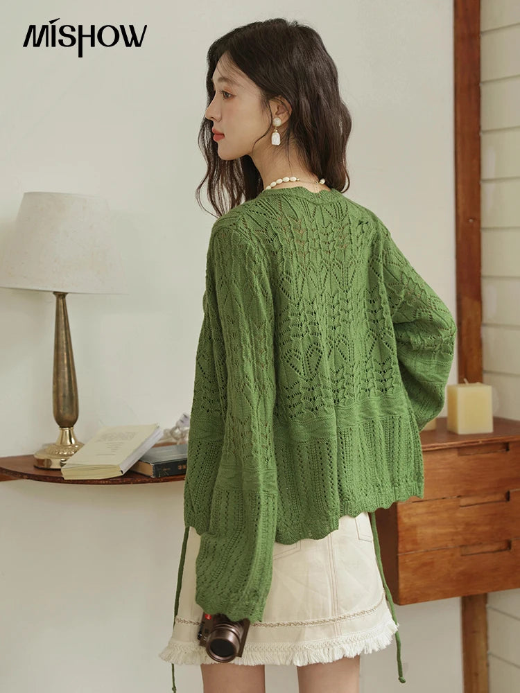 MISHOW Women's Wool Knitted Suit Autumn 2025 Flared Sleeves Lace-up Cardigan Single-breasted Camisole Two-piece Set MXE42T0717