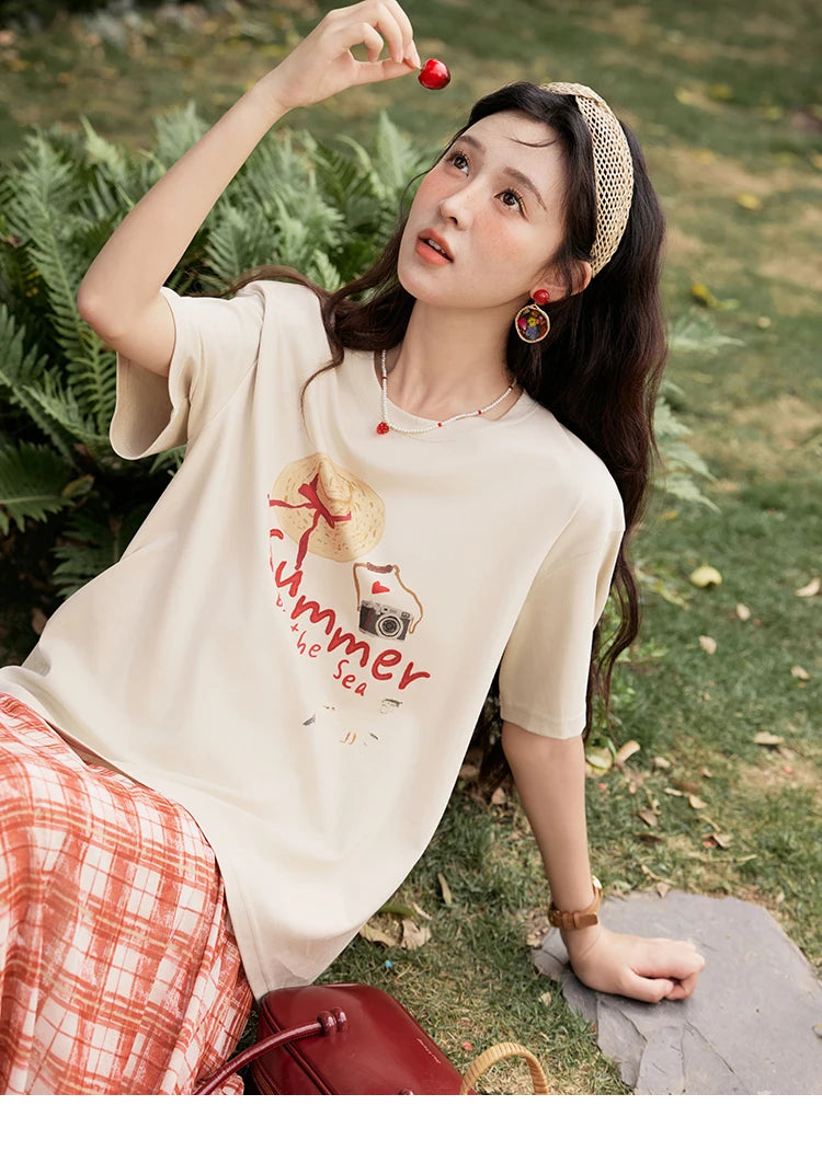 MISHOW Women's Print T-shirt 2025 Summer New Loose Casual T-shirt Ladies Round Neck Short Sleeve Tee Female Clothing MXE34T0559