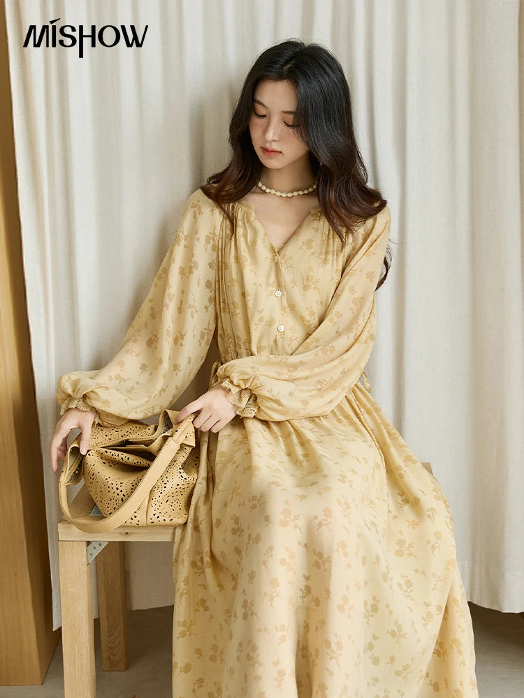MISHOW Yellow Printing Dress for Woman 2025 Autumn Elegant Lace Lantern Sleeve Waist Slim Long Dress V-neck Dress MXE47L2527