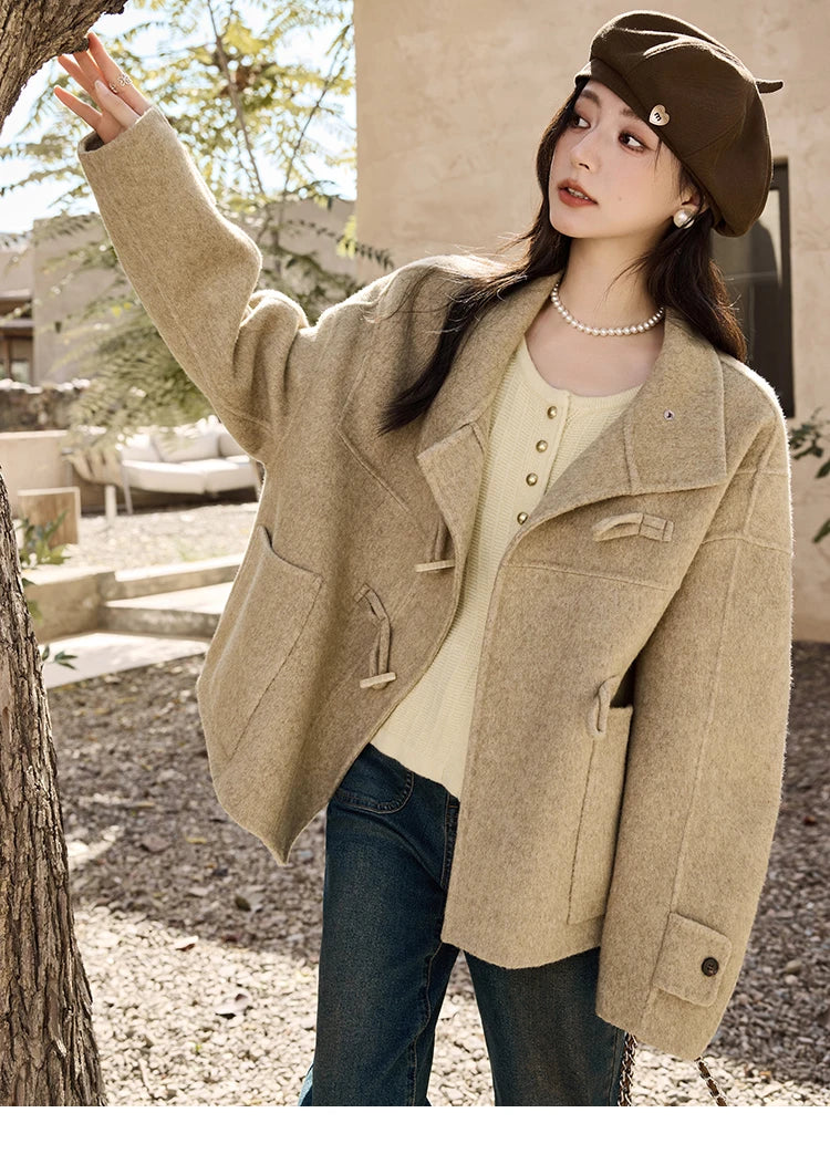 MISHOW Reversible Wool Velvet Coat Cow Horn Button Lapel Coat 2024 Winter Fashion Luxury Senior Korean Tweed Jacket MXD44W0446