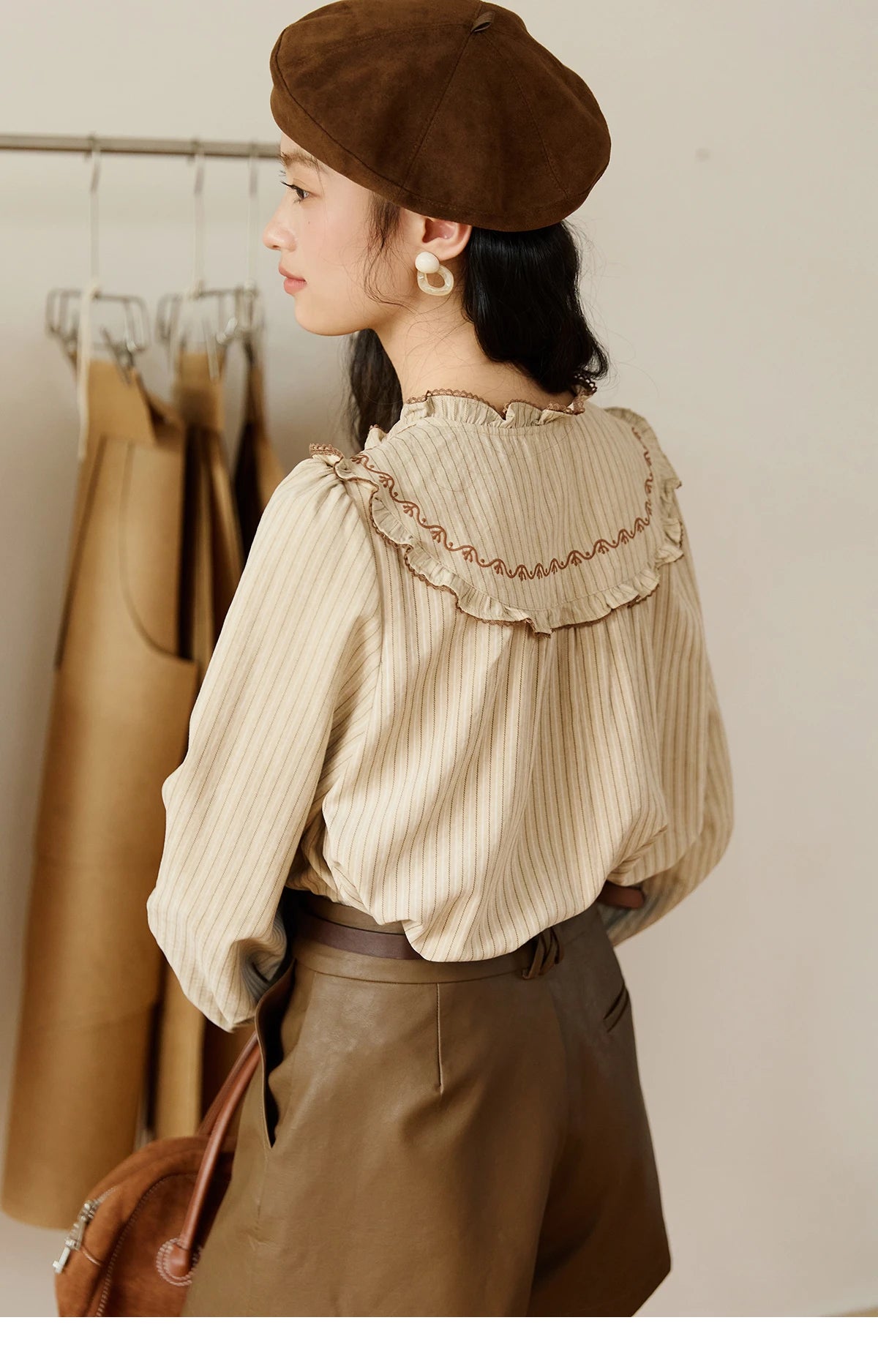 MISHOW Striped Shirt for Woman 2025 New Retro Wood Ear Edge Round Neck Embroidery Top Korean Popular Clothes Autumn MXE46X2492