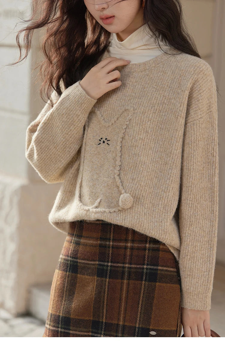 MISHOW Gentle Sweet Sweater Women's 2024 Autumn Winter Cute Emboridery Cartoon Dropped Sleeves Pullovers Sweater Tops MXD54Z0953