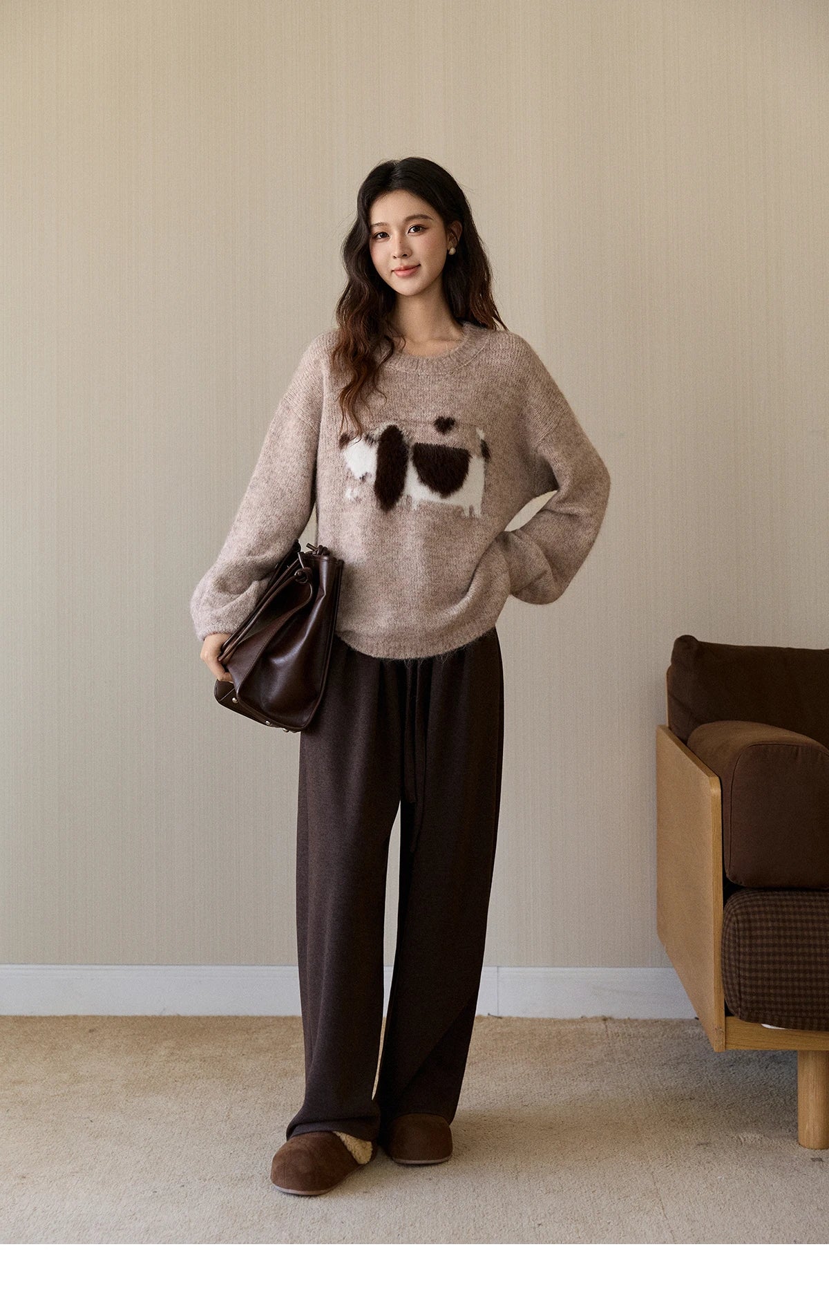 MISHOW Women's Solid Knitted Sweater 2025 Autumn Winter Dog Pattern Jacquard Crew Neck Fluffy Warm Loose Pullover Top MXE94Z2988