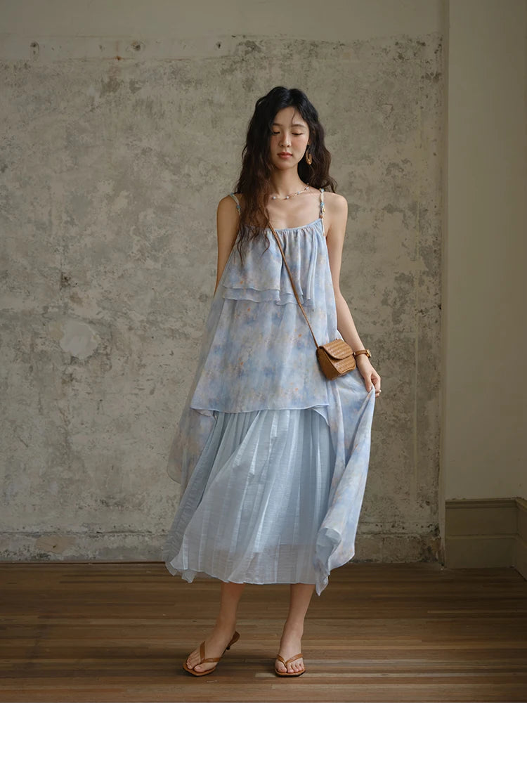 MISHOW Fashion Print Strap Dress for Women 2025 Summer New Multi Layer Ruffle Edge Splicing Sleeveless Midi Dresses MXE35L2233