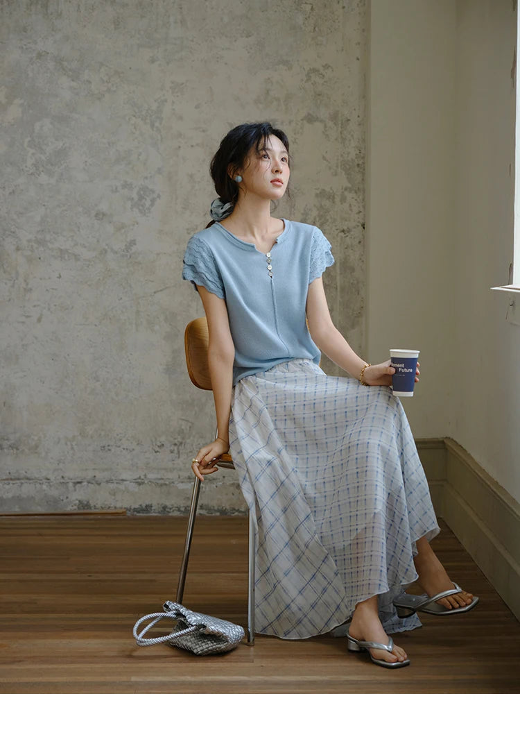 MISHOW Sheep Wool Knitted T-shirt for Women 2025 Summer New Button O-Neck Short Sleeve Blue Top Female Clothing MXE34Z1262