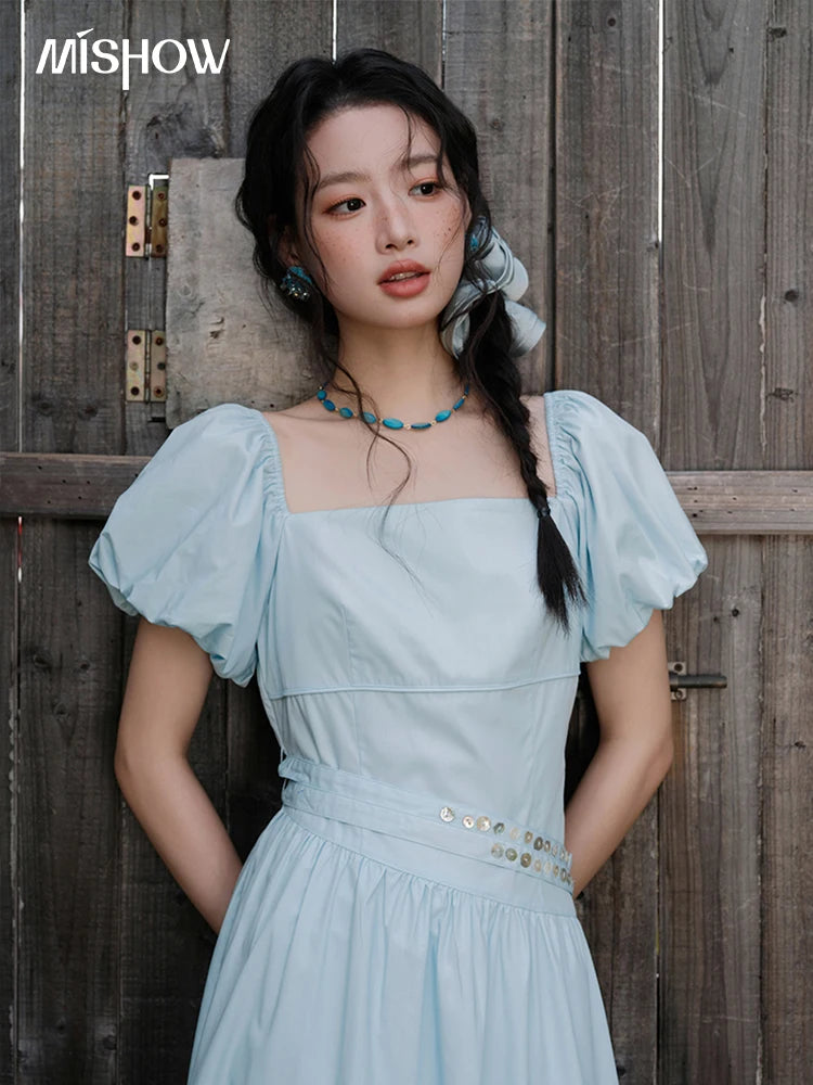 MISHOW Women's Square Neck Short Sleeve Dress 2025 Summer New Fashion Puff Sleeve Double Belt Dresses Ladies Clothing MXE34L2222