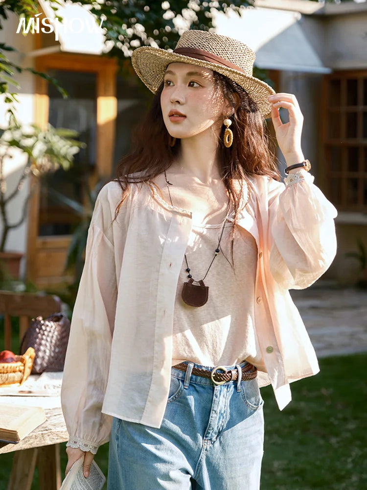 MISHOW Thin Shirt Set for Women 2025 Summer New Ladies Casual Tank Top Sunshade Button Shirt Stacked Two Piece Set MXE39T0689