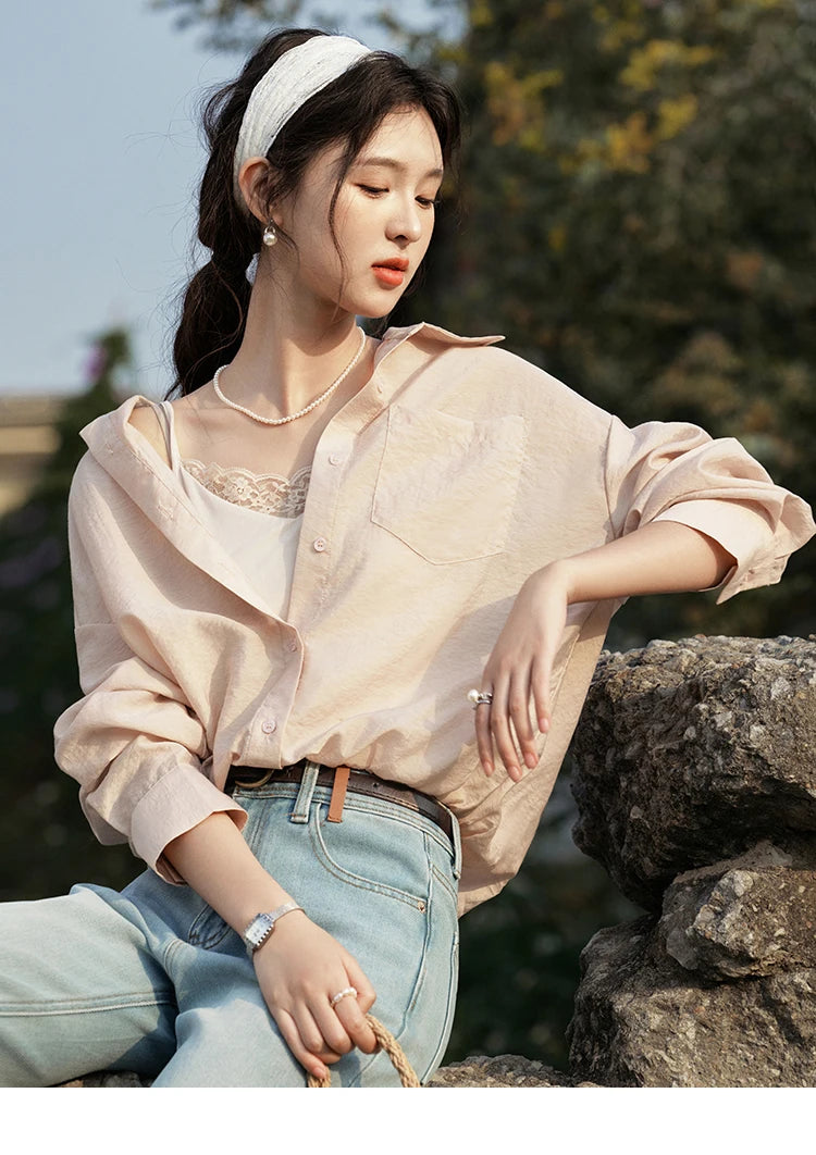 MISHOW Casual Spring Shirt Women New 2025 Long Sleeve Turn-down Collar Fake Two-piece Blouses Lady Fashion Loose Tops MXE16C0777