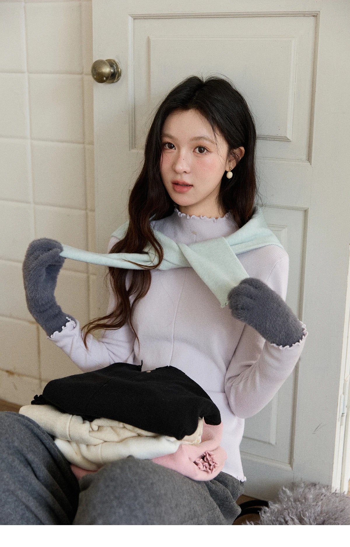 MISHOW Women's Knitted Long-Sleeved Top 2025 Winter Solid Slim Fit Ruffled Turtleneck Sweater Warm Soft Commuting Top MXE91Z2826