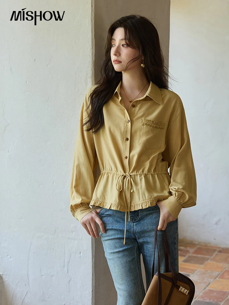 MISHOW Autumn French Drawstring Waist Shirt 2025 Yellow Hem Lotus Leaf Top Female Lapel Lantern Sleeve Commuter Shirt MXE42C2368