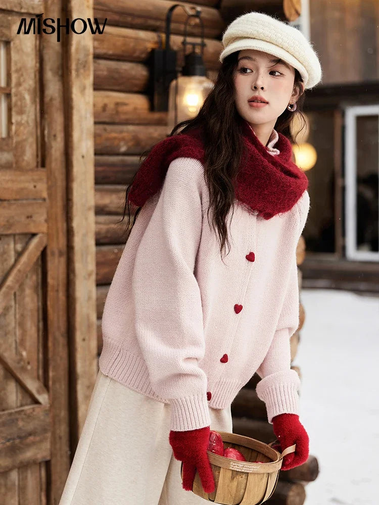 MISHOW Love Heart Button Sweater Color Clash Women Winter Clothing Knitted Cardigan Loose Versatile Thick Warm Tops MXD58Z1127