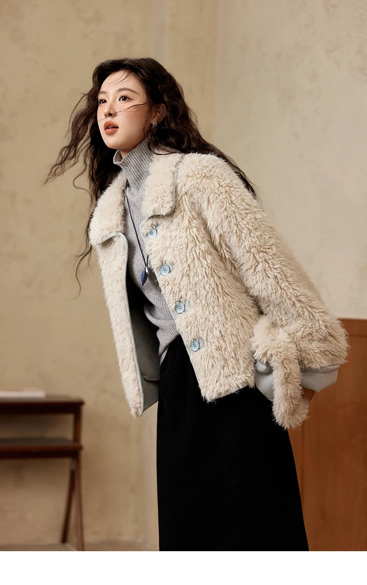 MISHOW Lamb Wool Jacket Women Suede Plush Thick Coat Spliced Turn-Down Collar Sweet Soft Senior Jacket Office Lady MXD59W0753