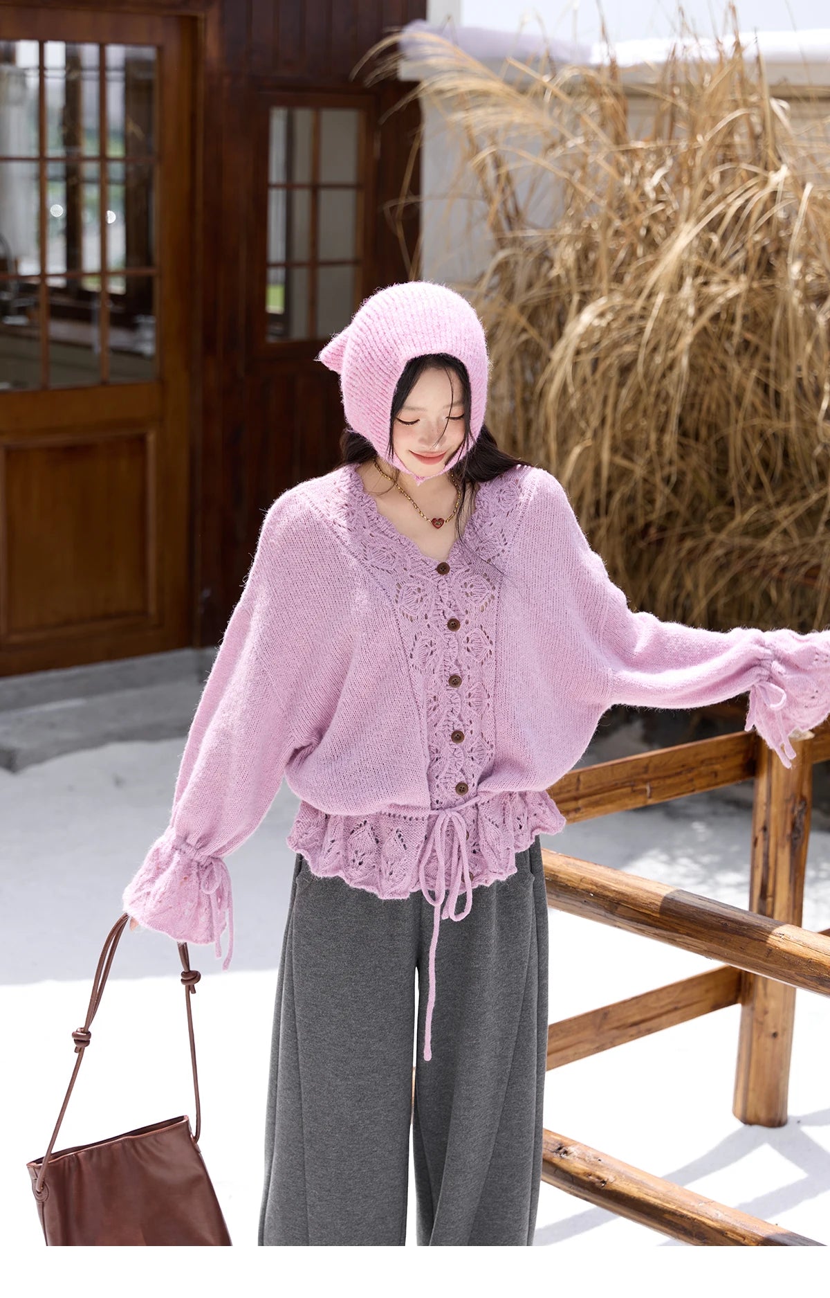 MISHOW Elegant Cardigan Women 2025 Autumn Design Hollow Knit Sweater V-neck Flared Sleeves Loose Casual Sweater MXE47Z2513