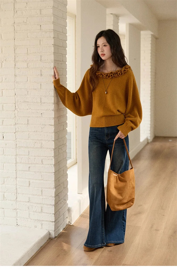 MISHOW Pullovers Women 2025 French Style Orange Lotus Edge Crew Neck Lantern Sleeves Top Slim Luxury Women's Sweaters MXE86Z2726