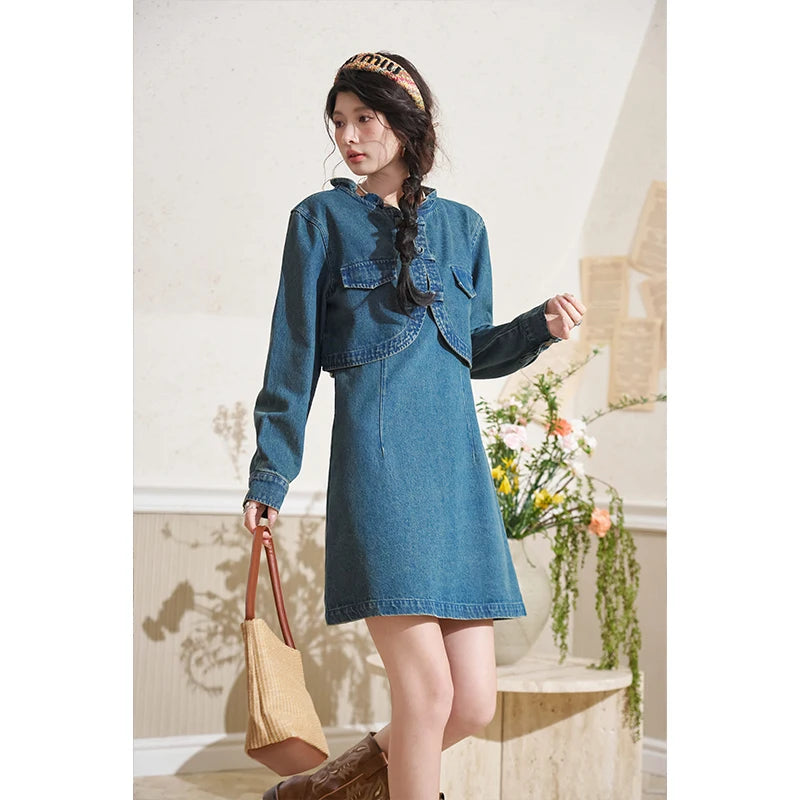 MISHOW Retro Chinese Buckle Denim Short Jacket U-neck Vest Dress Separately 2025 Autumn Casual Coat Knee-Length Dress MXD14L1771