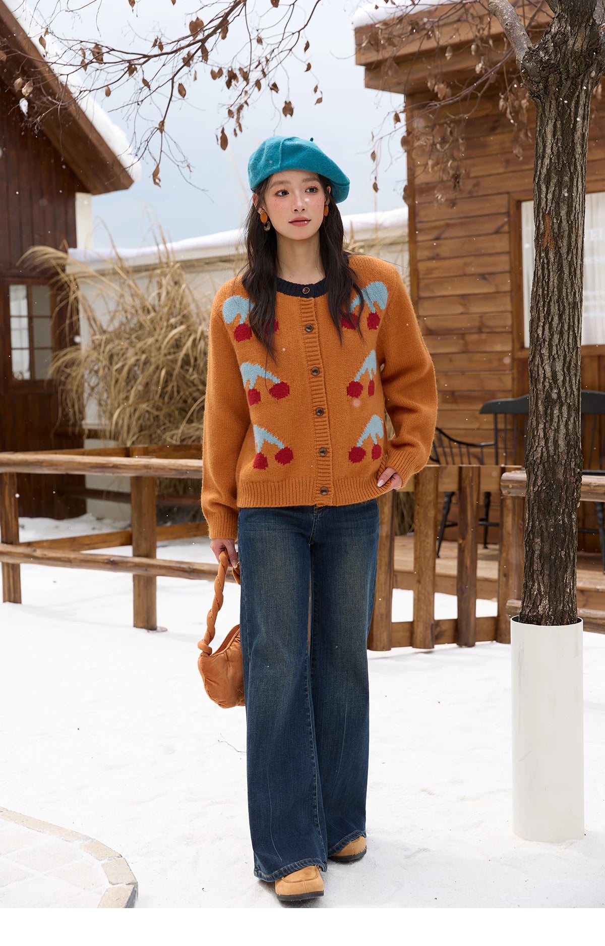 MISHOW Cherry Jacquard Knitted Cardigan for Women 2025 Winter Retro Sweet Round Neck Long Sleeves Sweater Commute Top MXE88Z2689