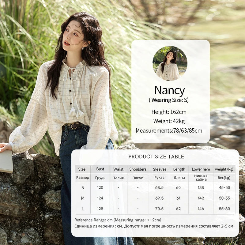 MiSHOW French Striped Blouses Women Spring New 2025 Long Sleeve Lace Collar Shirts Female Fashion Solid Chiffon Tops MXE12C0387