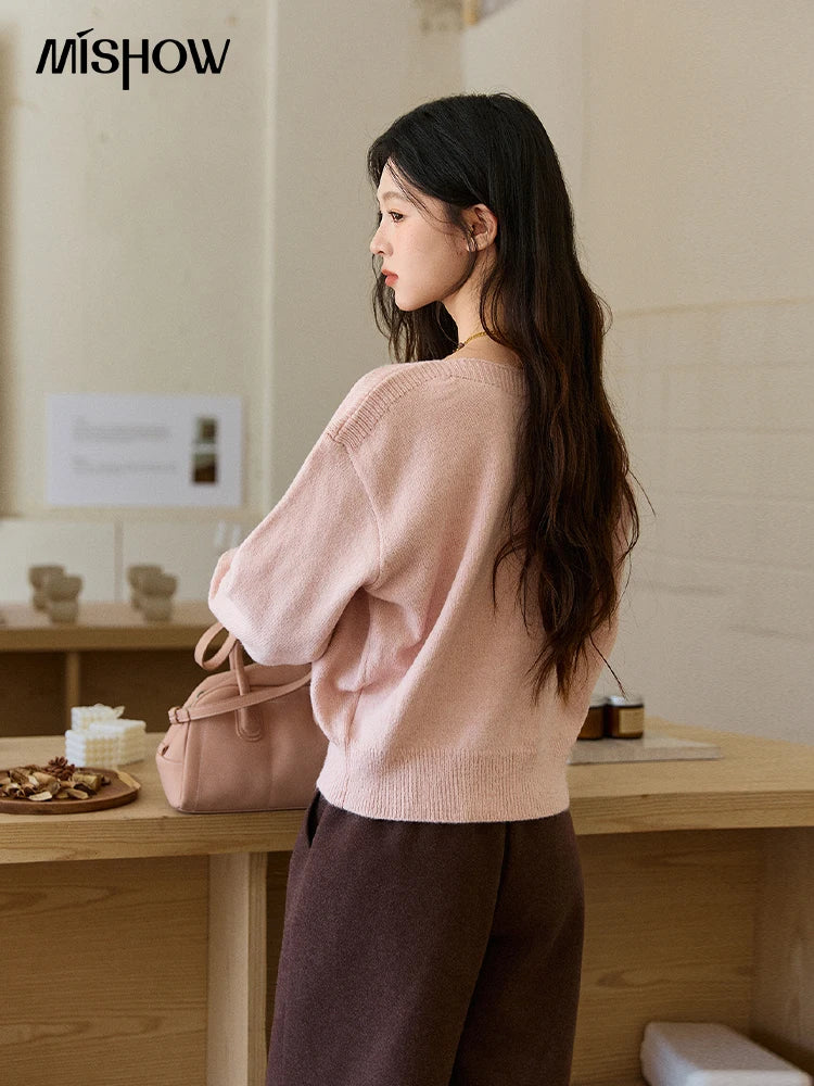 MISHOW Pink Jacquard Sweater for Women Fall Winter 2025 Lantern Sleeve Tops Shoulder Drop Thickened Knitted Sweater MXE91Z2775