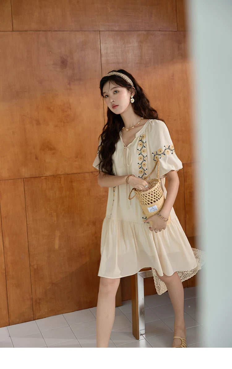 MISHOW Women's Ethnic Dress 2024 Summer Korean Sunflower Embroidery Puff Sleeve Dress V Neck Lace-up Doll Dresses MXD30L1959