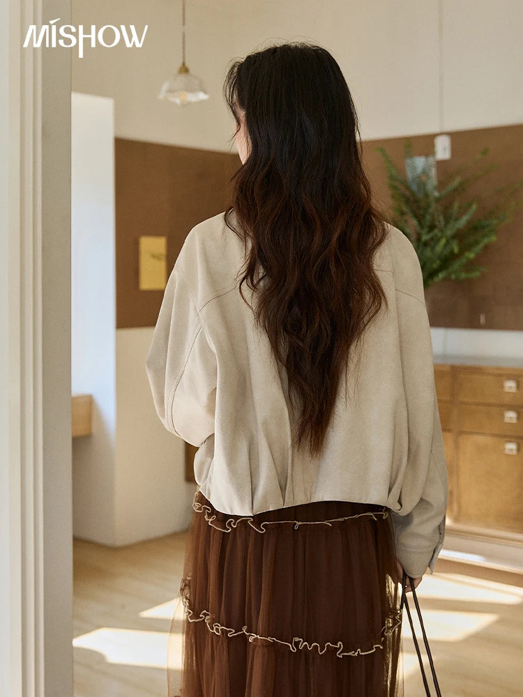 MISHOW Women's Imitation Suede Jacket2026 Spring Floral Embroidery Lapel Zipper Coats Long Sleeve Casual Outerwear MXF11W1027