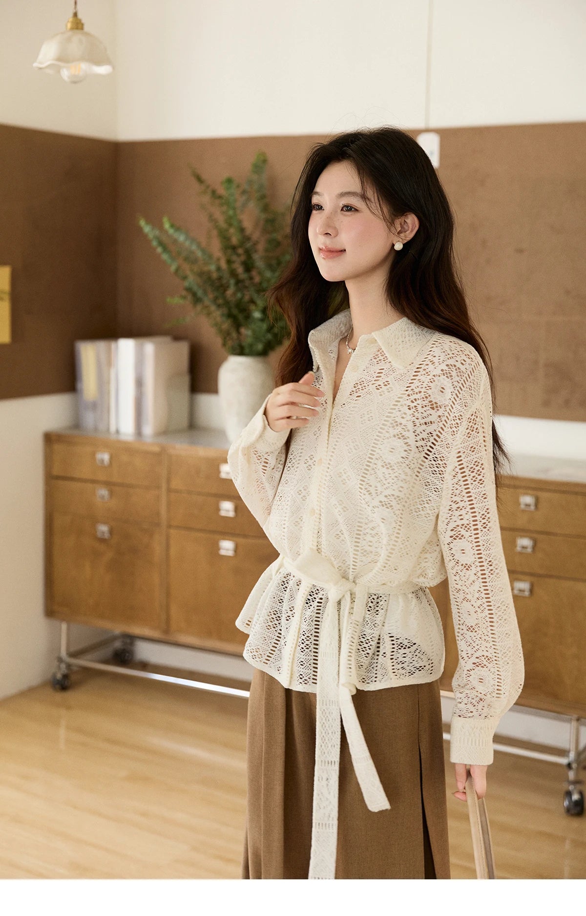 MISHOW Women's Hollow-out Lace Shirt Camisole Set 2026 Spring Lapel Drawstring Waist Sheer Casual Two-Piece Knitwear MXF108C0816