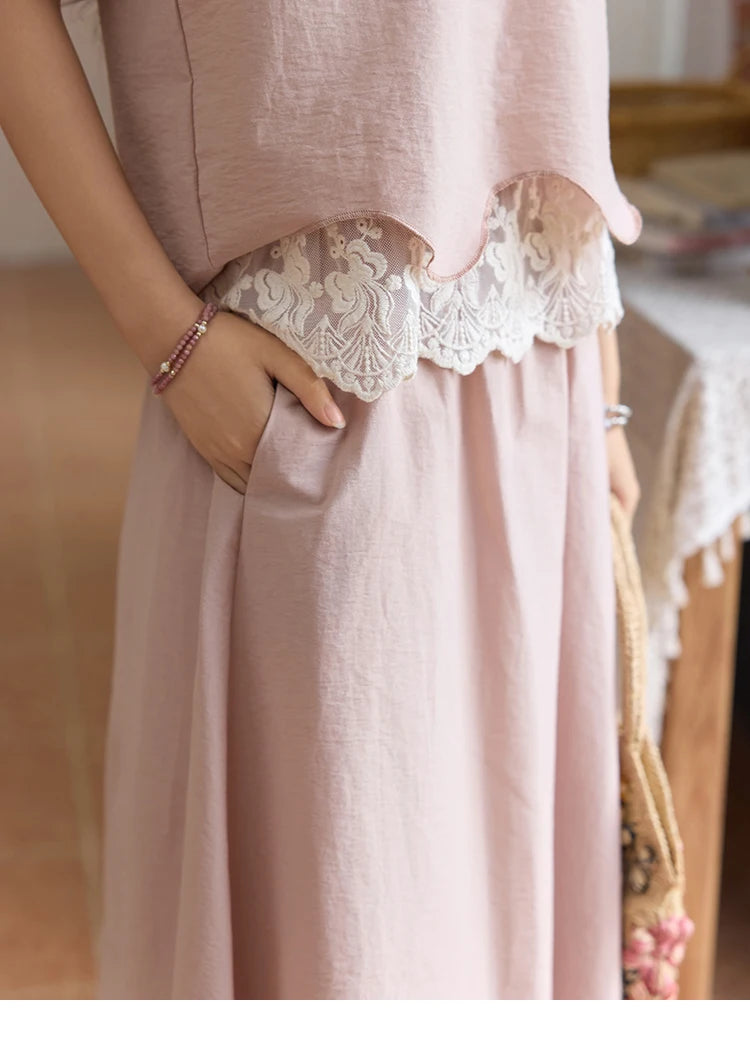 MISHOW Set 2 Piece 2025 Summer Women's O-Neck Lace Patchwork Sleeveless Top Elastic Waist Midi Skirt Elegnat Set MXE36T0641