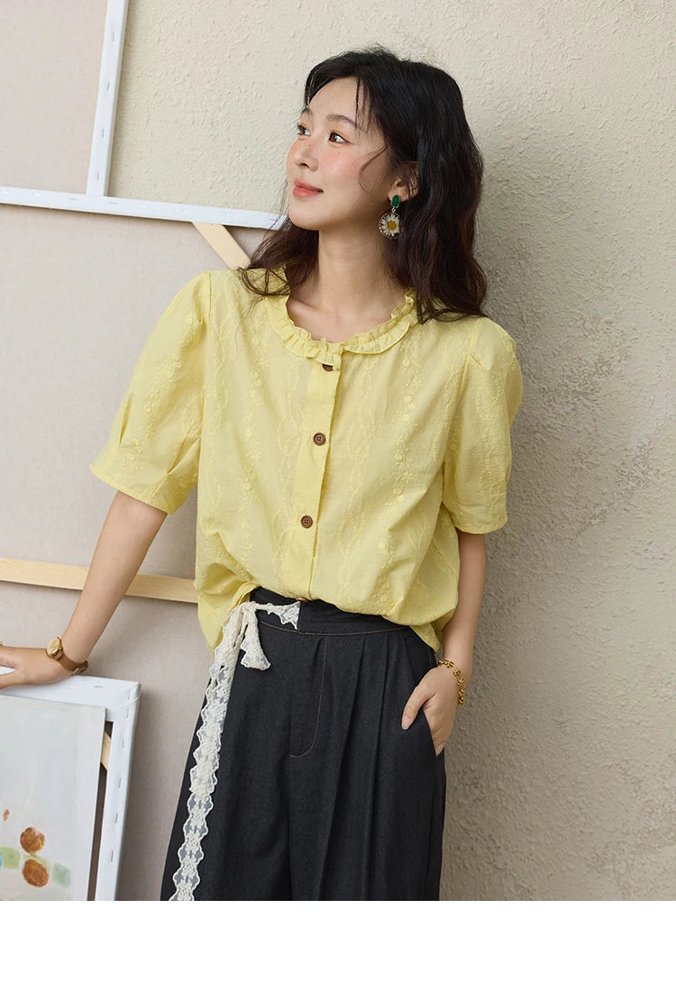 MISHOW 100% Cotton Women's Puff Sleeve Shirt 2025 Summer New Fashion Round Neck Button Top Casual Female Clothing MXE36X1873